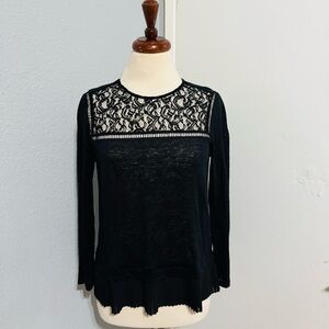 Rebecca Taylor Women Black Lace 100% Linen Long Sleeve Blouse Size S